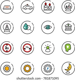 line vector icon set - taxi vector, safety car, candle, snowball house, tree, blood test, eye, bank, limited height road sign, distance, idea, head bulb, sun, power, moon lamp