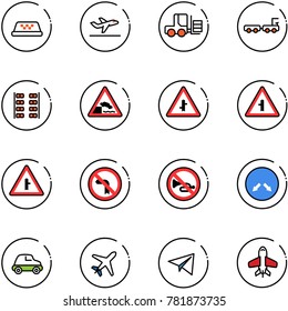 line vector icon set - taxi vector, departure, fork loader, baggage truck, plane seats, embankment road sign, intersection, no left turn, horn, detour, car, paper, toy