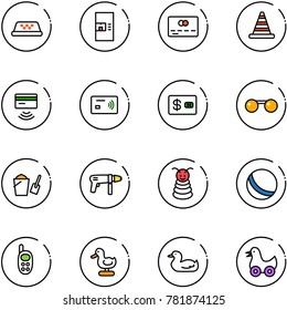 line vector icon set - taxi vector, coffee machine, credit card, road cone, tap pay, sunglasses, bucket scoop, drill, pyramid toy, ball, phone, duck