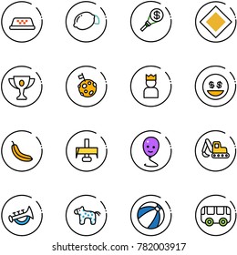 line vector icon set - taxi vector, lemon, money torch, main road sign, gold cup, moon flag, king, smile, banana, milling cutter, balloon, excavator toy, horn, horse, beach ball, bus