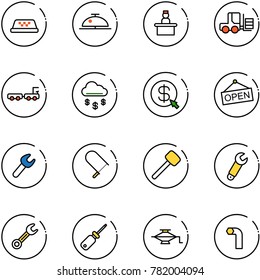 line vector icon set - taxi vector, client bell, recieptionist, fork loader, baggage truck, money rain, click, open, wrench, fretsaw, rubber hammer, screwdriver, jack, allen key
