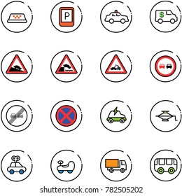 line vector icon set - taxi vector, parking sign, safety car, encashment, steep descent road, embankment, crash, no overtake, end limit, stop, electric, jack, toy, baby, truck, bus