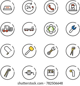 line vector icon set - taxi vector, 24 hours, phone, officer window, fork loader, baggage truck, gear globe, wrench, fretsaw, rubber hammer, plumber, jack, tool box, allen key