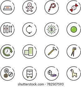 line vector icon set - taxi vector, cake man, lollipop, candy, ski, cent, dollar sun, record, clock around, building, mason hammer, plumber, rivet, tool cabinet, constructor blocks, toy giraffe