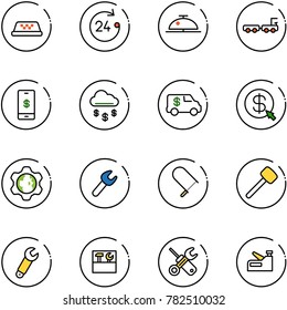 line vector icon set - taxi vector, 24 hours, client bell, baggage truck, mobile payment, money rain, encashment car, click, gear globe, wrench, fretsaw, rubber hammer, tool box, screwdriver