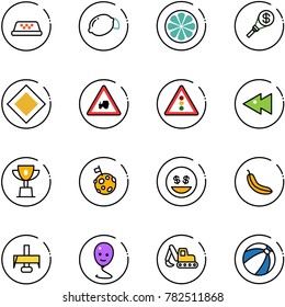 line vector icon set - taxi vector, lemon, slice, money torch, main road sign, tractor way, traffic light, fast backward, win cup, moon flag, smile, banana, milling cutter, balloon, excavator toy