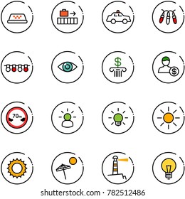 line vector icon set - taxi vector, baggage, safety car, garland, eye, bank, account, limited distance road sign, idea, bulb, sun, beach, lighthouse