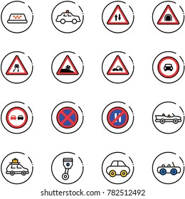 line vector icon set - taxi vector, safety car, oncoming traffic road sign, tunnel, slippery, steep roadside, crash, no, overtake, stop, parking even, cabrio, baggage, piston, toy