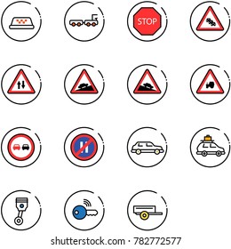 line vector icon set - taxi vector, baggage truck, stop road sign, multi lane traffic, oncoming, climb, steep descent, tractor way, no overtake, parking even, limousine, car, piston, wireless key