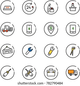 line vector icon set - taxi vector, 24 hours, baby room, recieptionist, fork loader, mobile payment, dollar pin, open, wrench, plumber, screwdriver, tool box, truck toy