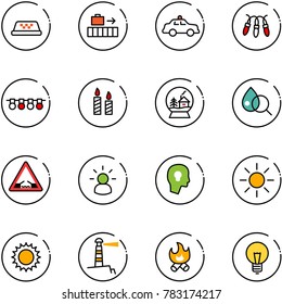 line vector icon set - taxi vector, baggage, safety car, garland, candle, snowball house, blood test, drawbridge road sign, idea, head bulb, sun, lighthouse, fire