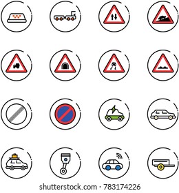 line vector icon set - taxi vector, baggage truck, oncoming traffic road sign, climb, tractor way, tunnel, slippery, rough, no limit, parking, electric car, limousine, piston, wireless, trailer