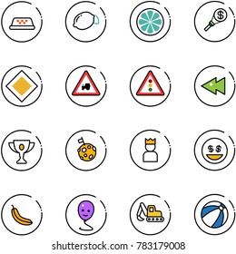 line vector icon set - taxi vector, lemon, slice, money torch, main road sign, tractor way, traffic light, fast backward, gold cup, moon flag, king, smile, banana, balloon, excavator toy, beach ball