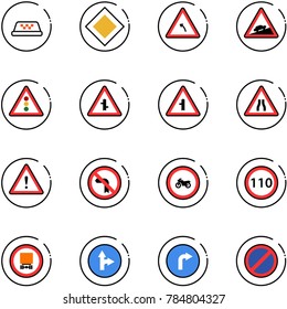 line vector icon set - taxi vector, main road sign, turn left, climb, traffic light, intersection, narrows, attention, no, moto, speed limit 110, dangerous cargo, only forward right, parking