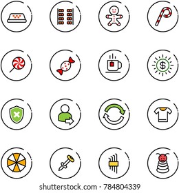 line vector icon set - taxi vector, plane seats, cake man, lollipop, candy, tea, dollar sun, shield cross, user login, refresh, t shirt, parasol, nail dowel, allen key set, pyramid toy