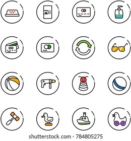 line vector icon set - taxi vector, coffee machine, credit card, liquid soap, refresh, sunglasses, ball, drill, pyramid toy, hammer, duck, boat