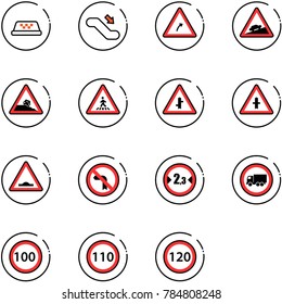 line vector icon set - taxi vector, escalator down, turn right road sign, climb, steep roadside, pedestrian, intersection, artificial unevenness, no left, limited width, truck, speed limit 100, 110