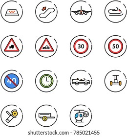 line vector icon set - taxi vector, escalator up, plane, snowmobile, tractor way road sign, car crash, speed limit 30, 50, end minimal, time, cabrio, gyroscope, Angular grinder, trailer