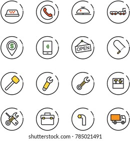 line vector icon set - taxi vector, phone, client bell, baggage truck, dollar pin, mobile payment, open, fretsaw, rubber hammer, wrench, tool box, screwdriver, allen key, toy