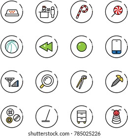 line vector icon set - taxi vector, passport control, lollipop, basketball ball, fast backward, record, mobile phone, fine signal, magnifier, plumber, screw, rivet, rake, tool cabinet, pyramid toy