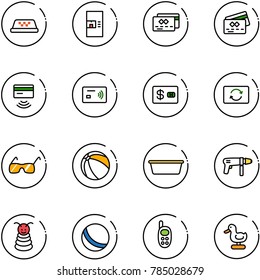 line vector icon set - taxi vector, coffee machine, credit card, tap pay, exchange, sunglasses, ball, basin, drill, pyramid toy, phone, duck