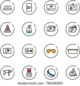 line vector icon set - taxi vector, coffee machine, credit card, identity, road cone, liquid soap, sunglasses, basin, drill, pyramid toy, ball, boat