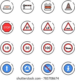 line vector icon set - taxi vector, barrier, sign post, road cone, stop, oncoming traffic, children, rough, speed limit 10, 50, 100, no cart horse, only forward, circle, end minimal, pedestrian way