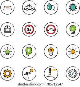 line vector icon set - taxi vector, safety car, blood test, sun, bank, limited height road sign, distance, idea, bulb, head, business, beach, lighthouse, power