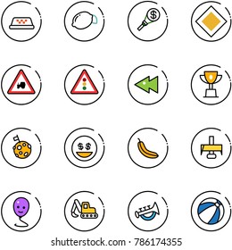 line vector icon set - taxi vector, lemon, money torch, main road sign, tractor way, traffic light, fast backward, win cup, moon flag, smile, banana, milling cutter, balloon, excavator toy, horn