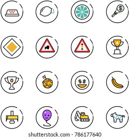 line vector icon set - taxi vector, lemon, slice, money torch, main road sign, tractor way, traffic light, win cup, gold, moon flag, smile, banana, milling cutter, balloon, excavator toy, horse