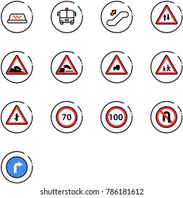line vector icon set - taxi vector, airport bus, escalator up, oncoming traffic road sign, steep descent, embankment, tractor way, children, intersection, speed limit 70, 100, no turn back