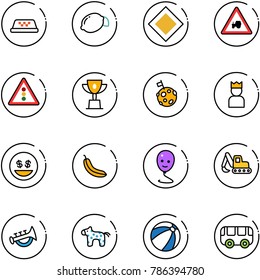 line vector icon set - taxi vector, lemon, main road sign, tractor way, traffic light, win cup, moon flag, king, money smile, banana, balloon, excavator toy, horn, horse, beach ball, bus