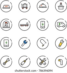 line vector icon set - taxi vector, baggage, client bell, recieptionist, officer window, truck, mobile payment, encashment car, wrench, fretsaw, screwdriver, allen key