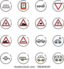 line vector icon set - taxi vector, parking sign, baggage truck, giving way road, oncoming traffic, climb, tractor, slippery, steep roadside, rough, cabrio, car wireless, jack, trailer, toy bus