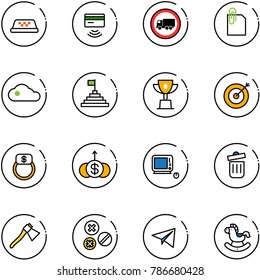 line vector icon set - taxi vector, tap pay, no truck road sign, attachment, cloud, pyramid flag, win cup, target, finger ring, dollar growth, monoblock pc, trash bin, axe, rivet, paper plane