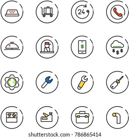 line vector icon set - taxi vector, baggage, 24 hours, phone, client bell, officer window, mobile payment, money rain, gear globe, wrench, screwdriver, tool box, stapler, allen key