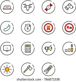 line vector icon set - taxi vector, christmas deer, candy, dog, eggplant, money bag, no dangerous cargo road sign, truck overtake, monitor cursor, calculator, megaphone, dollar chart, sun, axe
