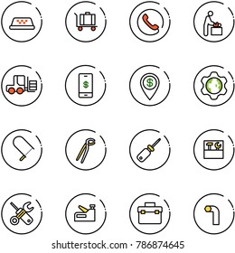 line vector icon set - taxi vector, baggage, phone, baby room, fork loader, mobile payment, dollar pin, gear globe, fretsaw, plumber, screwdriver, tool box, wrench, stapler, allen key