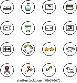 line vector icon set - taxi vector, liquid soap, credit card, tap pay, refresh, sunglasses, pipe welding, pyramid toy, hammer, windmill, duck
