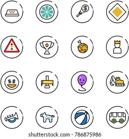 line vector icon set - taxi vector, lemon slice, money torch, main road sign, traffic light, gold cup, moon flag, king, smile, milling cutter, balloon, excavator toy, horn, horse, beach ball, bus