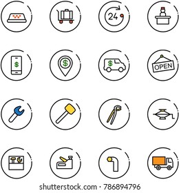 line vector icon set - taxi vector, baggage, 24 hours, recieptionist, mobile payment, dollar pin, encashment car, open, wrench, rubber hammer, plumber, jack, tool box, stapler, allen key, truck toy