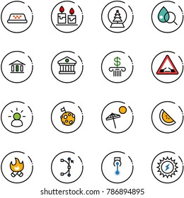 line vector icon set - taxi vector, candle, snowball tree, blood test, bank, drawbridge road sign, idea, moon flag, beach, watermelone, fire, bezier, laser, sun power