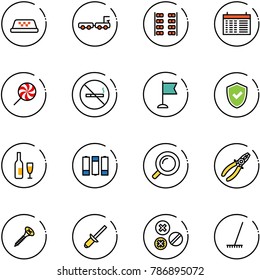 line vector icon set - taxi vector, baggage truck, plane seats, schedule, lollipop, no smoking sign, flag, shield check, wine, battery, magnifier, pliers, screw, clinch, rivet, rake