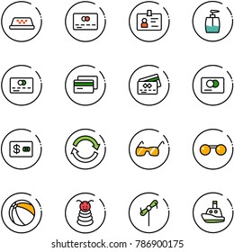 line vector icon set - taxi vector, credit card, identity, liquid soap, refresh, sunglasses, ball, pyramid toy, windmill, boat