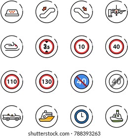 line vector icon set - taxi vector, escalator up, down, boarding passengers, snowmobile, limited height road sign, speed limit 10, 40, 110, 130, end minimal, cabrio, cruiser, clock, toy boat