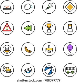 line vector icon set - taxi vector, lemon, money torch, main road sign, traffic light, fast backward, win cup, king, smile, banana, milling cutter, balloon, excavator toy, horn, beach ball, bus
