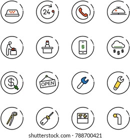 line vector icon set - taxi vector, 24 hours, phone, client bell, baby room, recieptionist, mobile payment, money rain, click, open, wrench, plumber, screwdriver, tool box, allen key