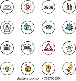 line vector icon set - taxi vector, sun, garland, candle, snowball tree, blood test, eye, bank, account, drawbridge road sign, idea, bulb, moon flag, business, lamp