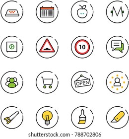line vector icon set - taxi vector, schedule, apple, monero, safe, artificial unevenness road sign, speed limit 10, chat, group, cart, open, star man, saw, bulb, brush, work knife