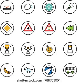 line vector icon set - taxi vector, lemon, slice, money torch, main road sign, tractor way, traffic light, fast backward, win cup, gold, moon flag, king, banana, toy horse, beach ball, bus